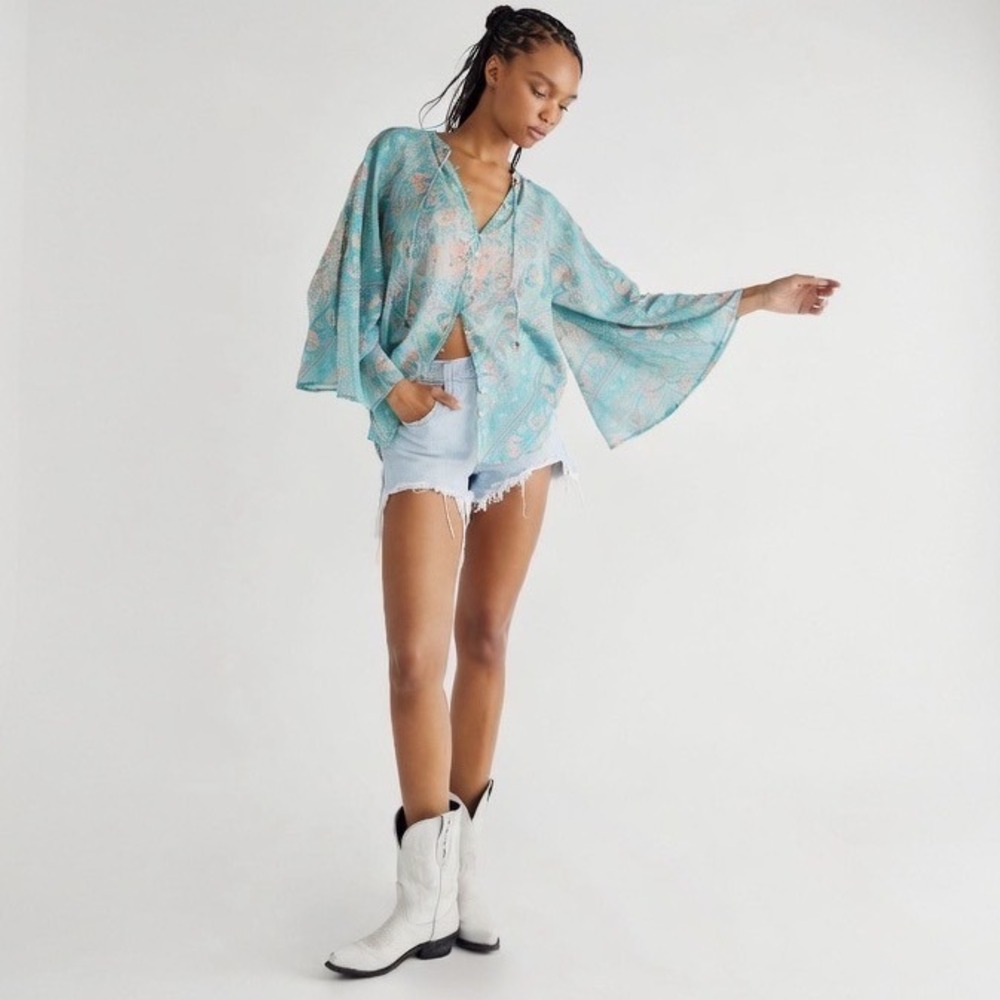 Spell & The Gypsy Collective Farrah Blouse Aqua Floral Organic Cotton Boho Top M